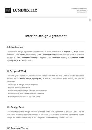 Free Interior Design Agreement Template to Edit Online