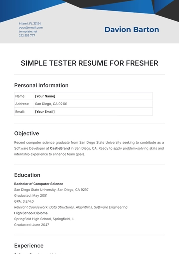 Free Simple Tester Resume for Fresher Template to Edit Online