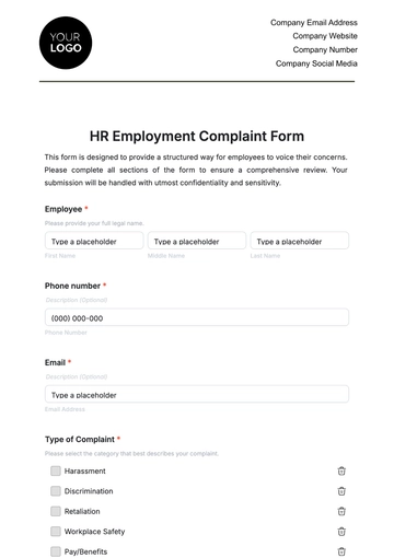 Free HR Employment Complaint Form Template to Edit Online