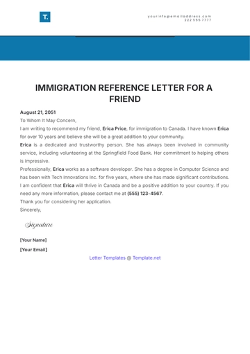 Free Immigration Reference Letter for a Friend Template to Edit Online