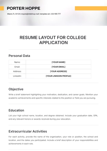 Free Resume Layout for College Application Template to Edit Online