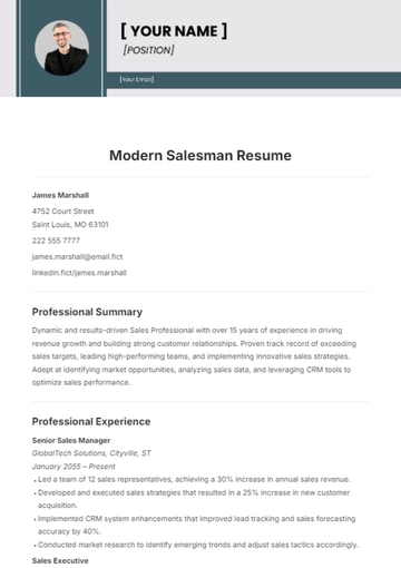 Free Modern Salesman Resume Template to Edit Online
