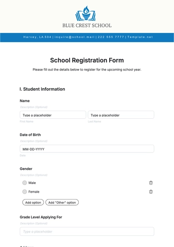 Free School Registration Form Template to Edit Online
