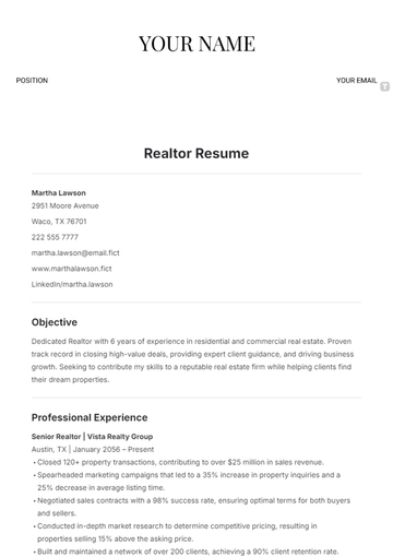 Free Realtor Resume Template to Edit Online