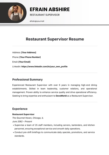Free Restaurant Supervisor Resume Template to Edit Online