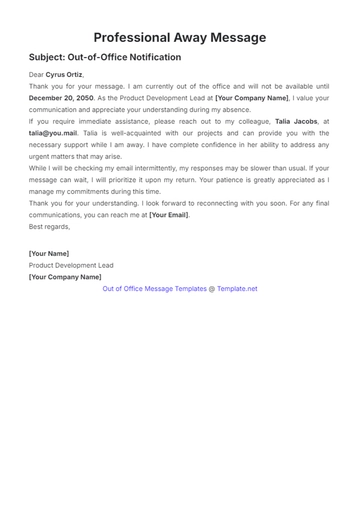 Free Professional Away Message Template to Edit Online