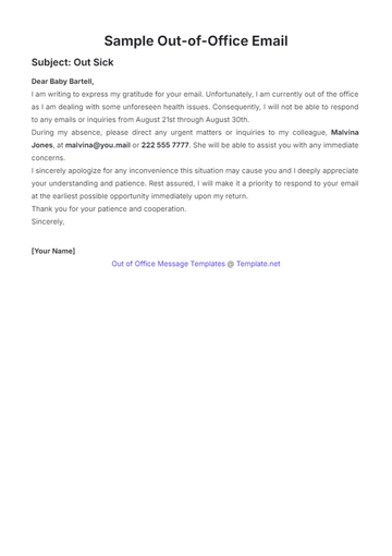 Free Sample Out of Office Email Template to Edit Online