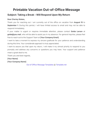 Free Printable Vacation Out of Office Message Template to Edit Online