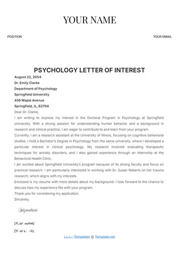 Free Psychology Letter of Interest Template to Edit Online