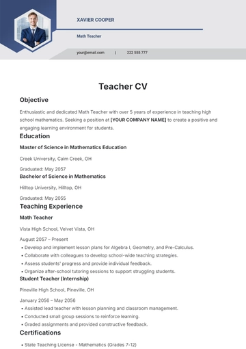 Free Teacher CV Template to Edit Online