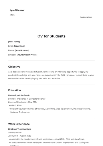 Free CV Template for Students to Edit Online