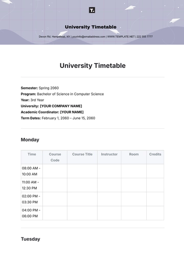Free University Timetable Template to Edit Online | Template.net