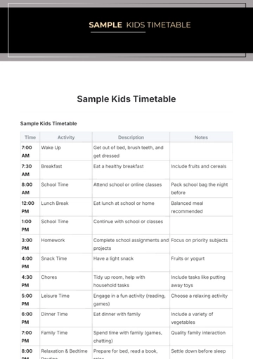 Free Sample Kids Timetable Template to Edit Online | Template.net