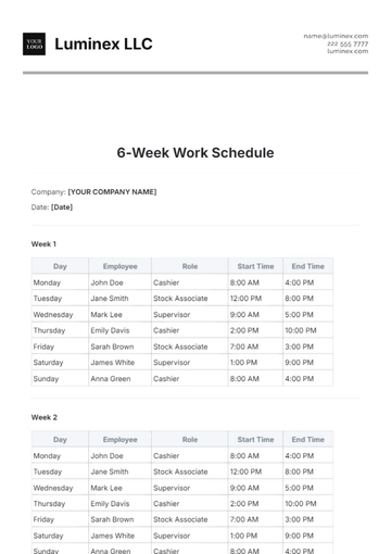 Free 6-Week Work Schedule Template to Edit Online