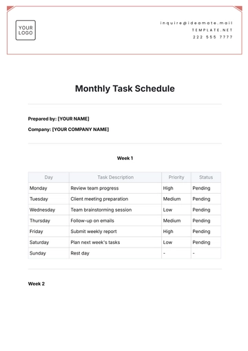 Free Monthly Task Schedule Template to Edit Online