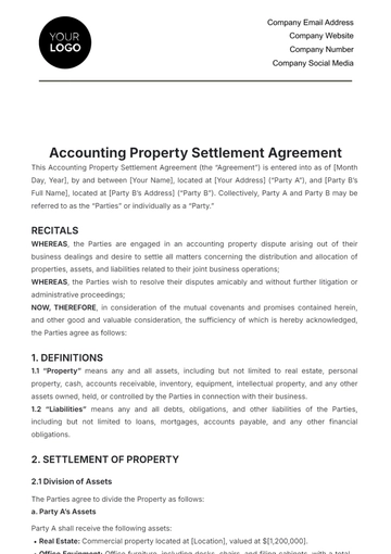 Free Accounting Property Settlement Agreement Template to Edit Online