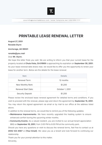 Free Printable Lease Renewal Letter Template to Edit Online
