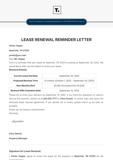Free Lease Renewal Reminder Letter Template to Edit Online