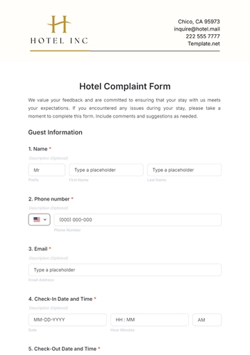 Free Hotel Complaint Form Template to Edit Online