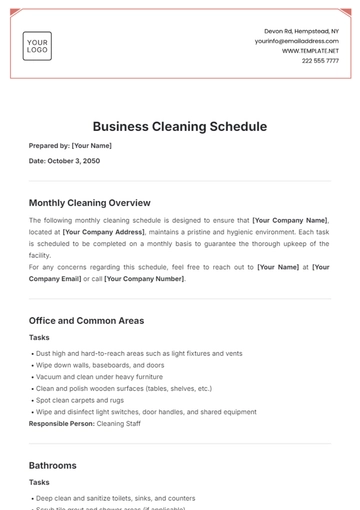 Free Business Cleaning Schedule Template to Edit Online