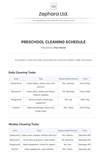 Free Preschool Cleaning Schedule Template to Edit Online