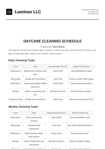 Free Daycare Cleaning Schedule Template to Edit Online