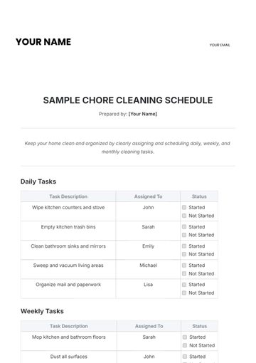 Free Sample Chore Cleaning Schedule Template to Edit Online