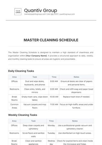Free Master Cleaning Schedule Template to Edit Online
