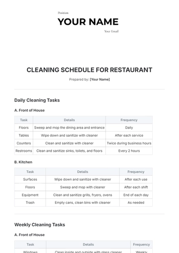 Free Cleaning Schedule for Restaurant Template to Edit Online