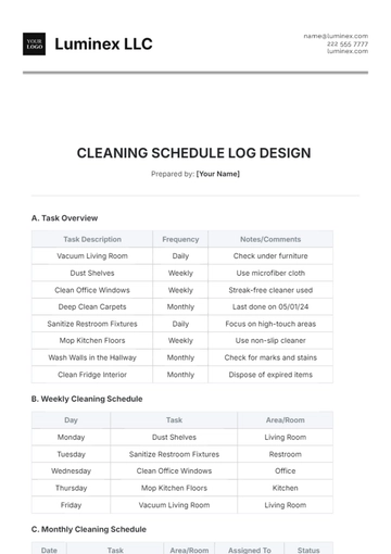 Free Cleaning Schedule Log Design Template to Edit Online