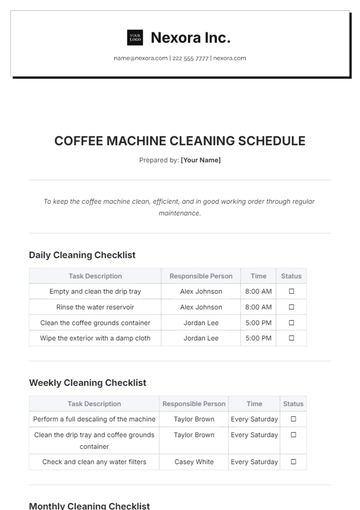Free Coffee Machine Cleaning Schedule Template to Edit Online