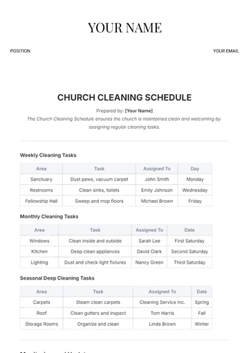 Free Church Cleaning Schedule Template to Edit Online