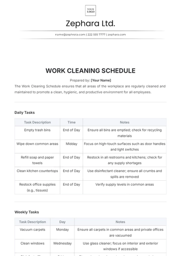 Free Work Cleaning Schedule Template to Edit Online