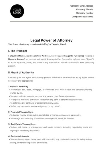 Free Legal Power of Attorney Template to Edit Online