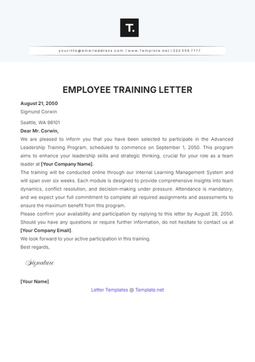 Free Employee Training Letter Template to Edit Online