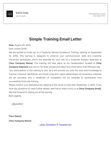 Free Simple Training Email Letter Template to Edit Online