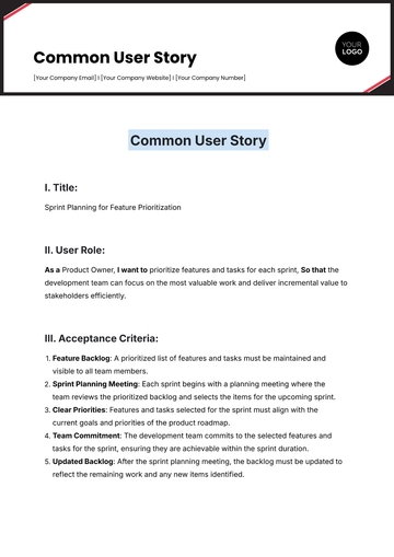 Free Common User Story Template to Edit Online | Template.net