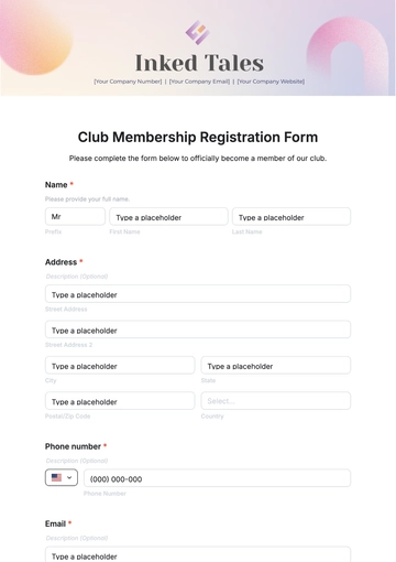 Free Club Membership Registration Form Template to Edit Online