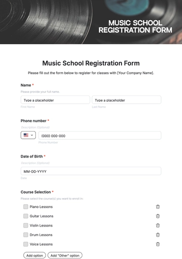Free Music School Registration Form Template to Edit Online