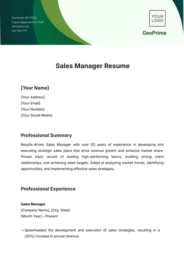 Free Sales Manager Resume Template to Edit Online
