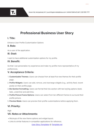 Free Professional Business User Story Template to Edit Online