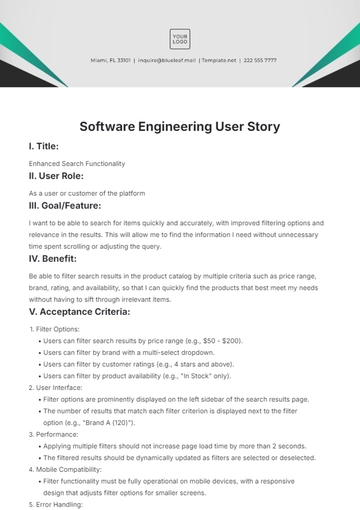 Free Software Engineering User Story Template to Edit Online | Template.net