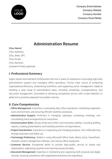 Free Administration Resume Template to Edit Online