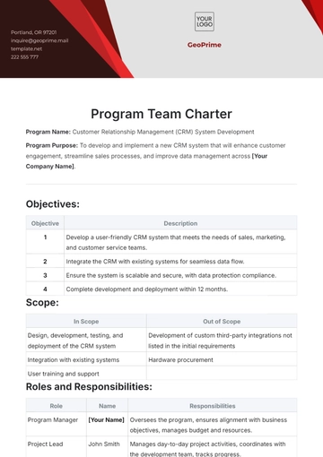 Free Program Team Charter Template to Edit Online