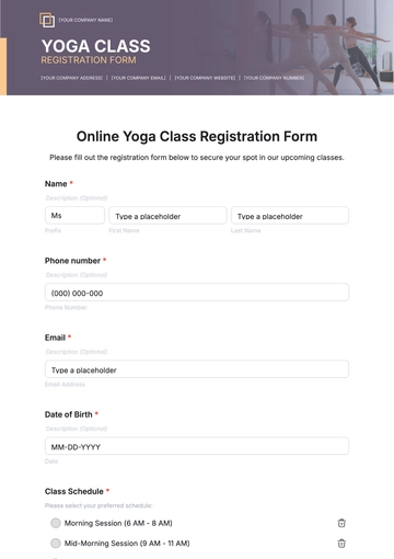 Free Online Yoga Class Registration Form Template to Edit Online