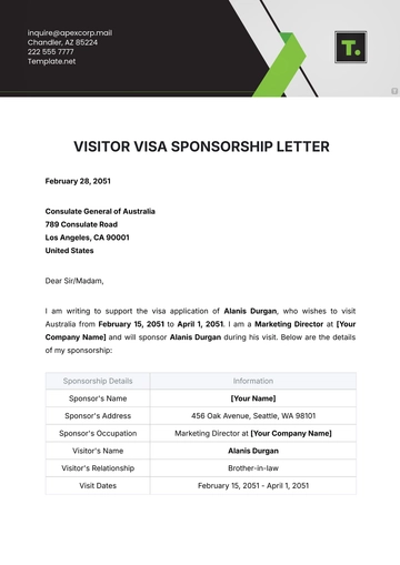 Free Visitor Visa Sponsorship Letter Template to Edit Online