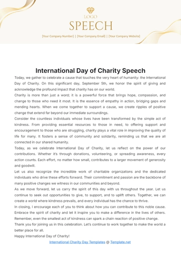 Free International Day of Charity Speech Template to Edit Online