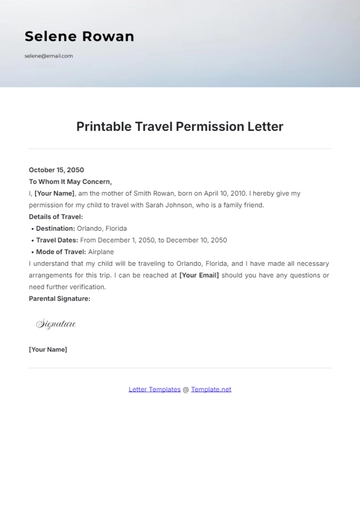Free Printable Travel Permission Letter Template to Edit Online