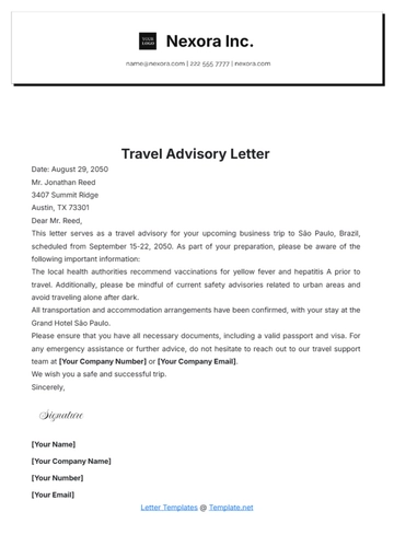 Free Travel Advisory Letter Template to Edit Online