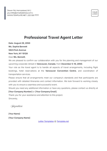 Free Professional Travel Agent Letter Template to Edit Online